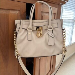 Michael Kors Cream Leather Satchel with Gold Chain Hardware